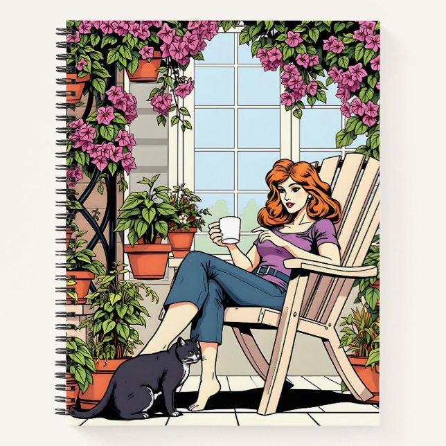 A Women with Coffee, Cat and  Plants Notebook (Front)