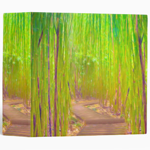 A wooden path through a dense bamboo forest binder