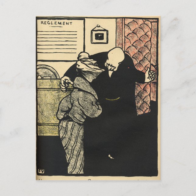 A worthy man ushers a young woman into his postcard (Front)