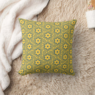A yellow and blue Indian lattice flower pattern  Throw Pillow