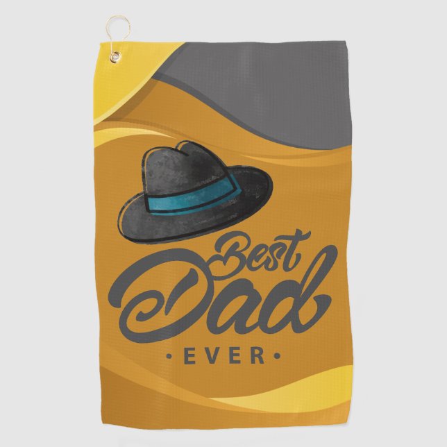 A yellow and grey towel with a hat and Best Dad (Front)