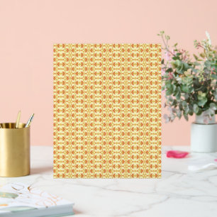 a yellow and white background with an intricate de acrylic sign