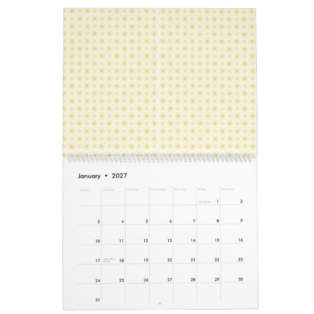 a yellow and white background with small circles calendar (Jan 2027)