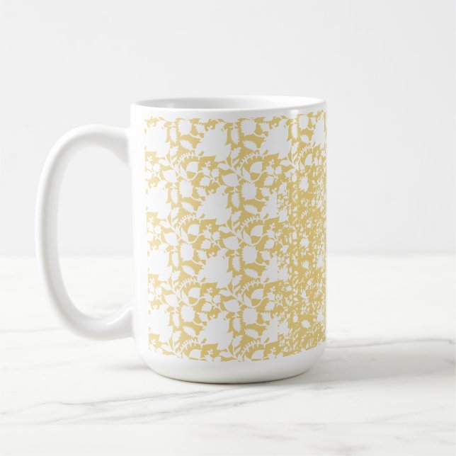 A yellow rug with a repeating motif pattern resemb coffee mug (Left)