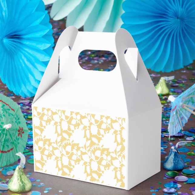 A yellow rug with a repeating motif pattern resemb favor box (Party)