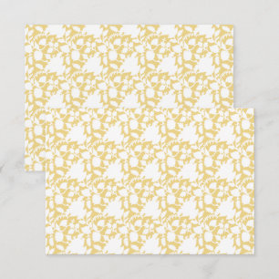 A yellow rug with a repeating motif pattern resemb thank you card
