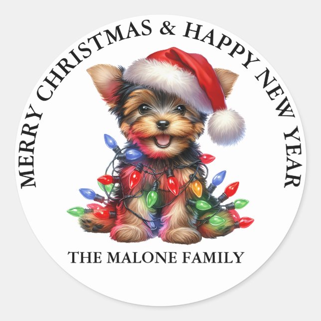 A Yorkshire Terrier Christmas Adventure Classic Round Sticker (Front)