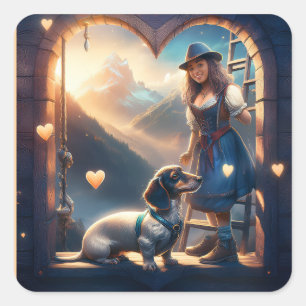 A Young Alpine Girl And Her Loving Dachshund  Square Sticker