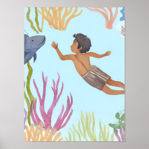 A young boy free diving in the caribbean poster