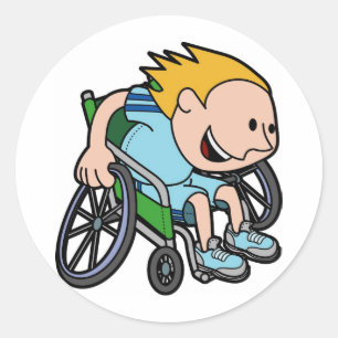 A young boy racing in a wheelchair classic round sticker