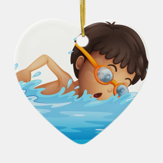 A young boy swimming with a yellow goggles ceramic ornament (Front)