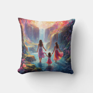 A young girl joyfully swimming in the waterfall throw pillow