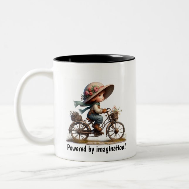 A Young Happy Child Riding a Steampunk Bicycle Two-Tone Coffee Mug (Left)