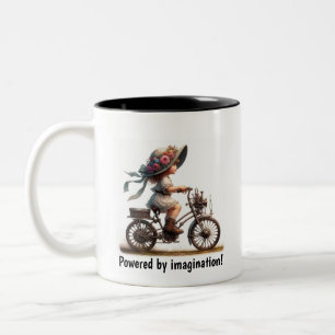 A Young Happy Child Riding a Steampunk Bicycle Two-Tone Coffee Mug