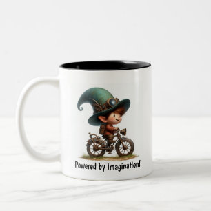 A Young Happy Child Riding a Steampunk Bicycle Two-Tone Coffee Mug