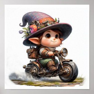 A Young Happy Child Riding a Steampunk Motorbike Poster