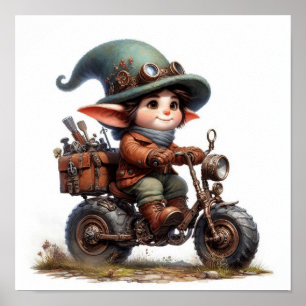 A Young Happy Child Riding a Steampunk Motorbike Poster