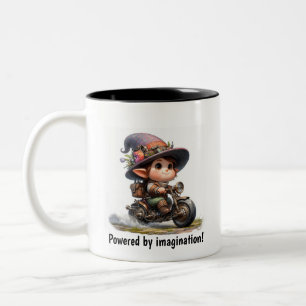A Young Happy Child Riding a Steampunk Motorbike Two-Tone Coffee Mug