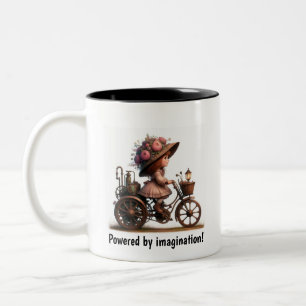 A Young Happy Child Riding a Steampunk Motorbike Two-Tone Coffee Mug