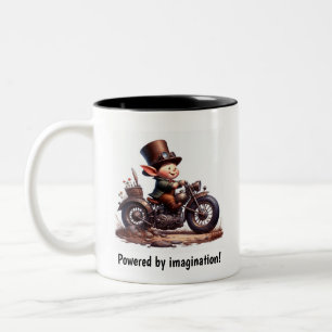 A Young Happy Child Riding a Steampunk Motorbike Two-Tone Coffee Mug