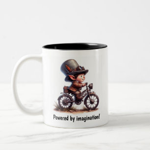 A Young Happy Child Riding a Steampunk Motorbike Two-Tone Coffee Mug