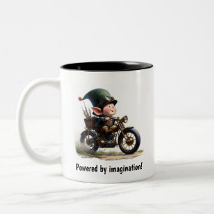 A Young Happy Child Riding a Steampunk Motorbike Two-Tone Coffee Mug