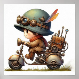 A Young Happy Child Riding a Steampunk Scooter Poster