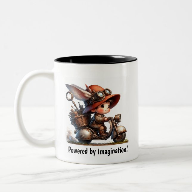 A Young Happy Child Riding a Steampunk Skooter Two-Tone Coffee Mug (Left)