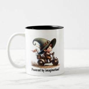 A Young Happy Child Riding a Steampunk Skooter Two-Tone Coffee Mug