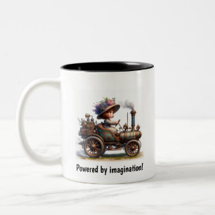 A Young Happy Child Riding a Steampunk Vehicle Two-Tone Coffee Mug