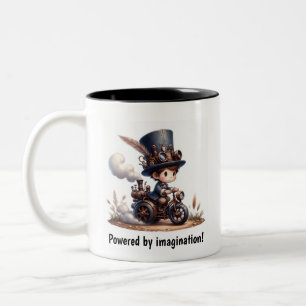 A Young Happy Child Riding a Steampunk Vehicle Two-Tone Coffee Mug