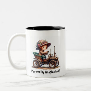A Young Happy Child Riding a Steampunk Vehicle Two-Tone Coffee Mug