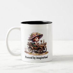 A Young Happy Child Riding a Steampunk Vehicle Two-Tone Coffee Mug