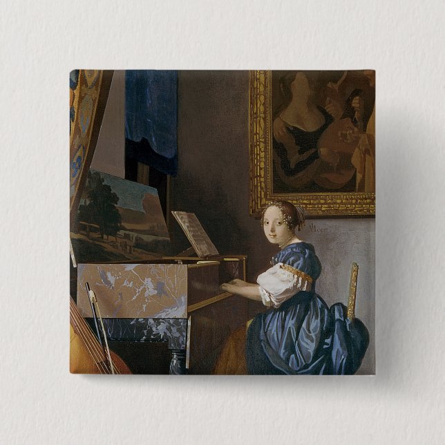 A Young Lady Seated at a Virginal, c.1670 2 Inch Square Button (Front)