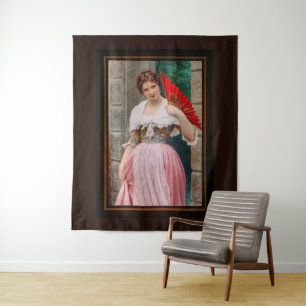 A Young Lady with a Red Fan by Eugen von Blaas Tapestry