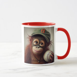 A young orangutan holds a baseball. mug