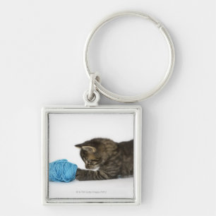 A young Tabby kitten playing with wool. Keychain