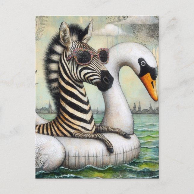 A Zebra on Vacation in a Floating Swan Postcard (Front)