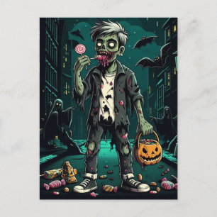 A Zombie Eating Halloween Candy Postcard