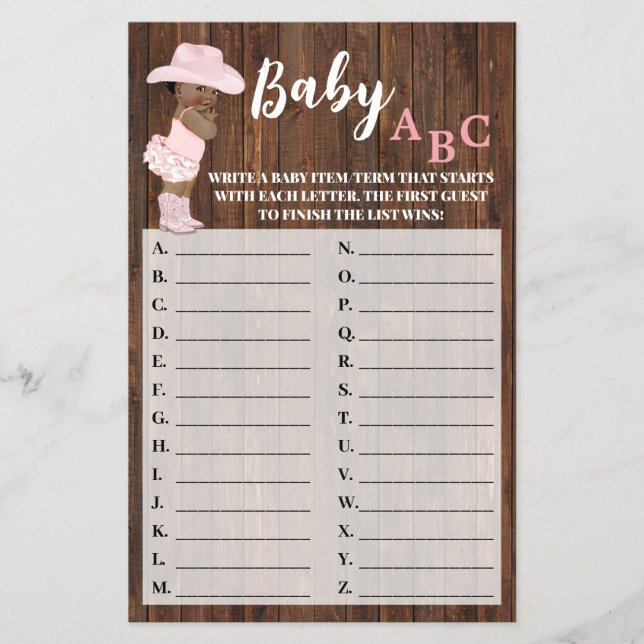 AA Cowgirl Baby ABC Baby Shower Game Card Flyer (Front)