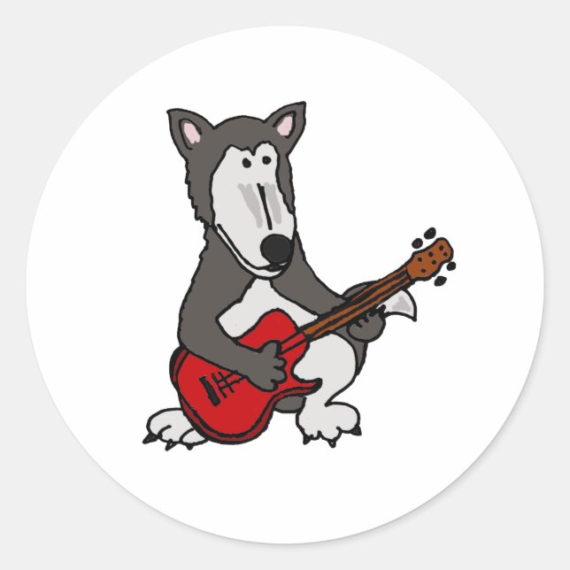 AA- Cute Wolf Playing Electric Guitar Cartoon Classic Round Sticker (Front)
