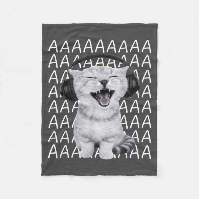 Aaaa Screaming Cat Meme Wearing Headphones Cat Int Fleece Blanket (Front)