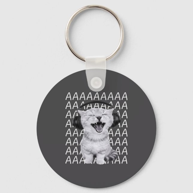 Aaaa Screaming Cat Meme Wearing Headphones Cat Int Keychain (Front)