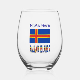 Aaland Islands Ålander Flag Blue Personalization  Stemless Wine Glass