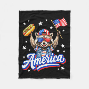 Aamerican Flag Hot Dog Raccoon Aamerica Funny 4th Fleece Blanket