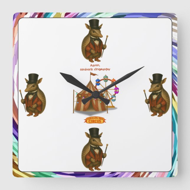 Aaron, aardvark ringmaster square wall clock (Front)