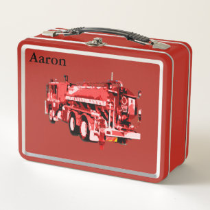 Aaron Name With Fire Engine, Metal Lunch Box
