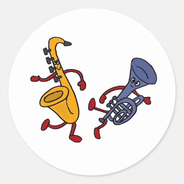 AB Saxophone and Trumpet Dancing Cartoon Classic Round Sticker (Front)