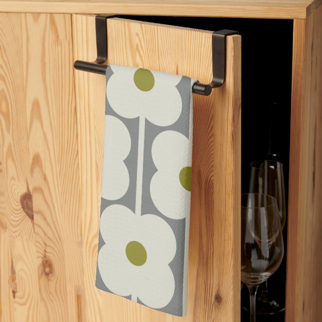 Abacus Flower and small stem pattern white & Grey Kitchen Towel (Thirds Fold)