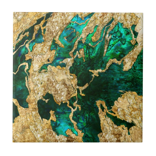 Abalone Green and Gold Cement Mixed media abstract Tile (Front)